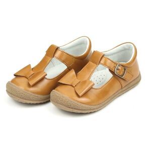 L'AMOUR Big Girls Emma Bow T-Strap Mary Jane Shoe Sandal CAMEL TAN 2 Youth